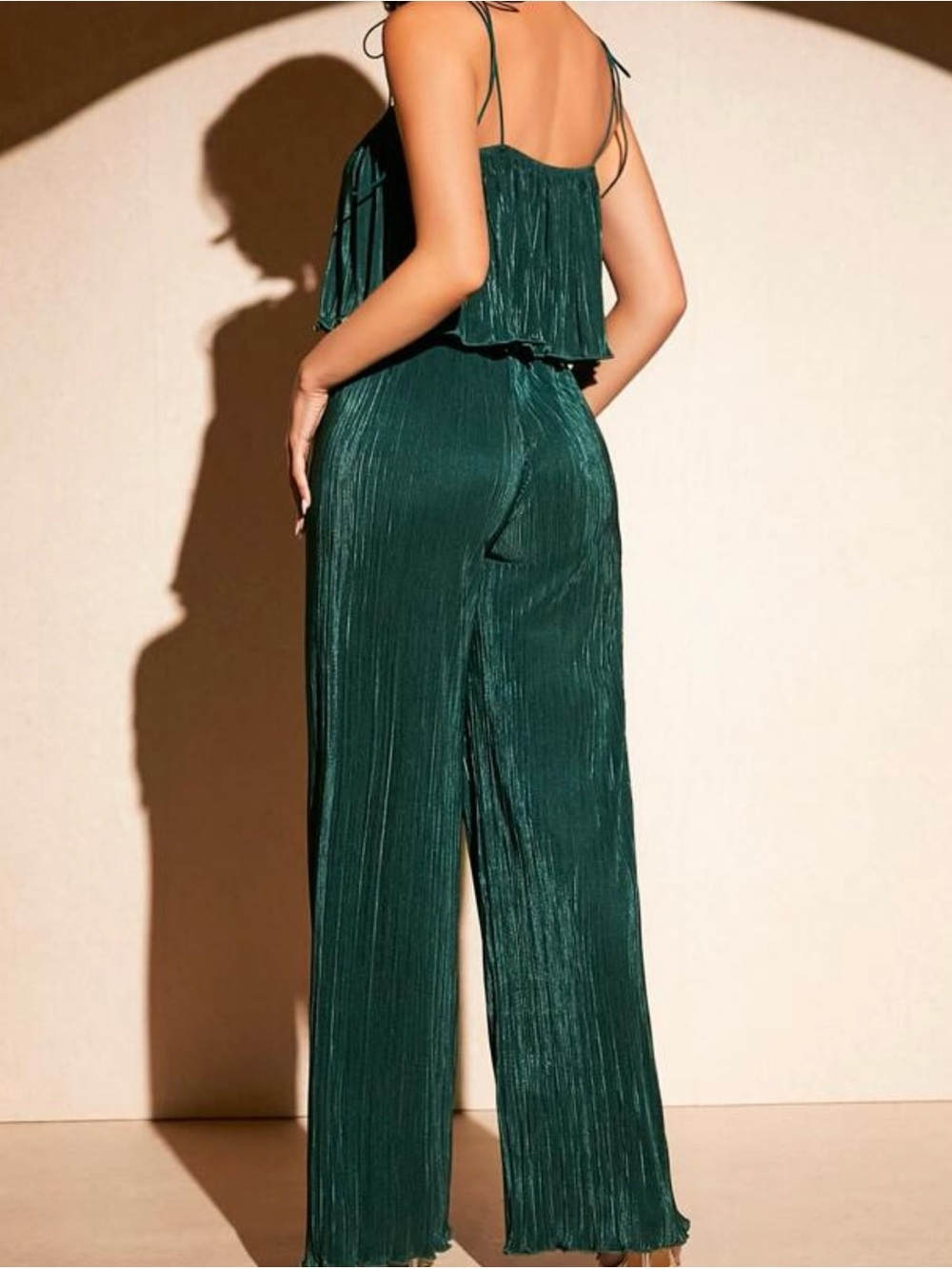 SHEIN Dark Green Pleated Wide-Leg Jumpsuit